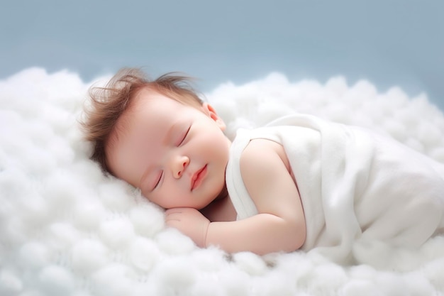 Cute baby sleeping sweetly in cotton cloud