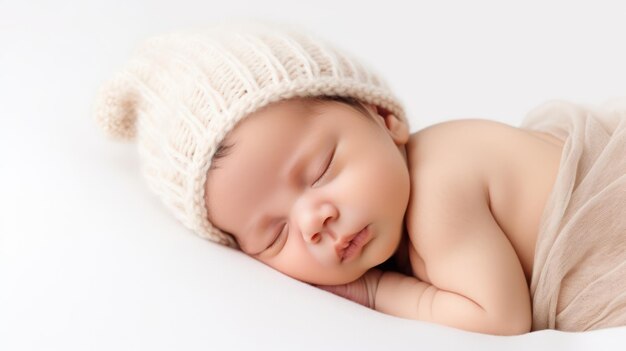 Cute baby sleeping on white mattress