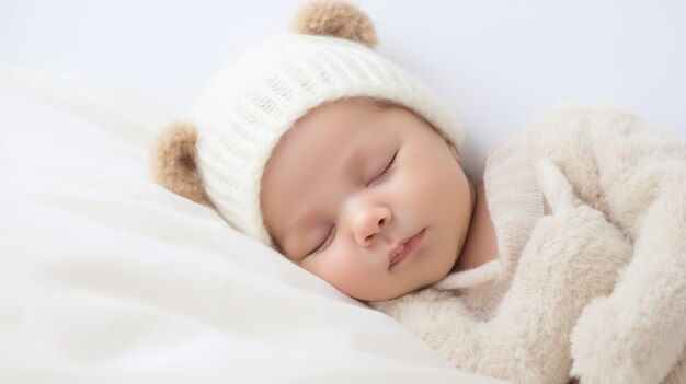 Cute baby sleeping on white mattress