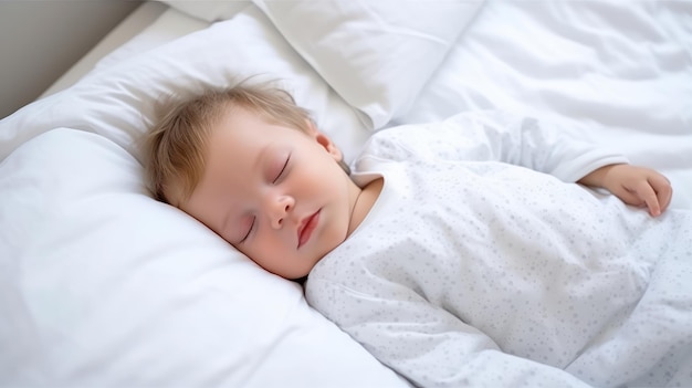 Cute baby sleeping on white mattress