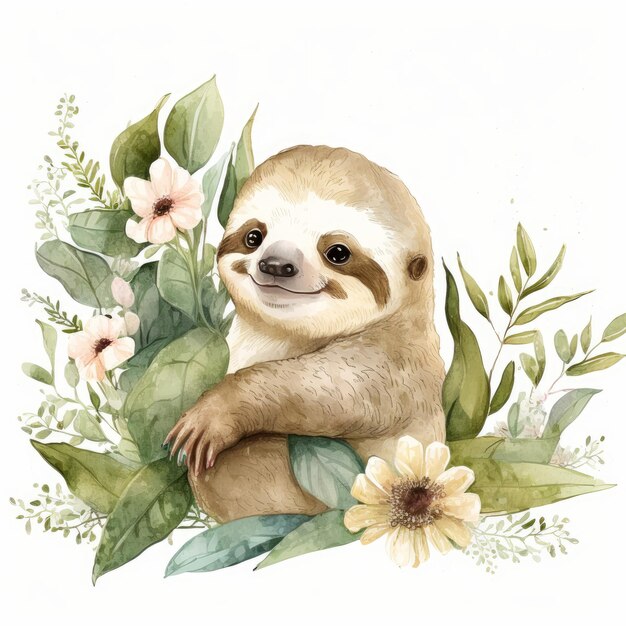 Cute baby sloth surrounded with flowers on white background generative AI