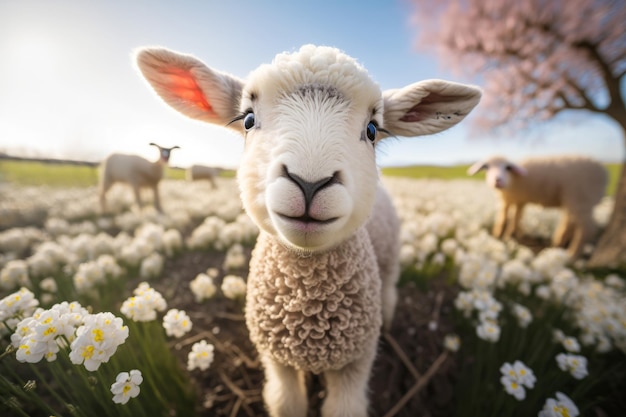 A cute baby spring lamb in a field of spring flowers Generative ai