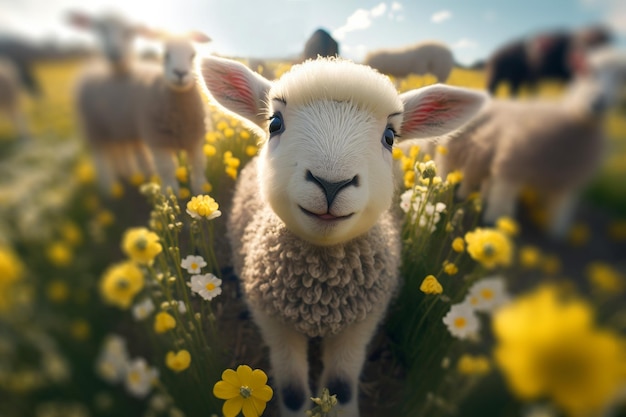 A cute baby spring lamb in a field of spring flowers generative ai