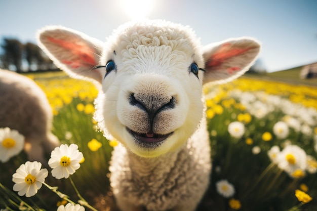 A cute baby spring lamb in a field of spring flowers Generative ai