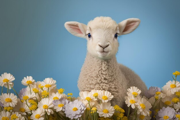 A cute baby spring lamb surrounded by spring flowers generative ai