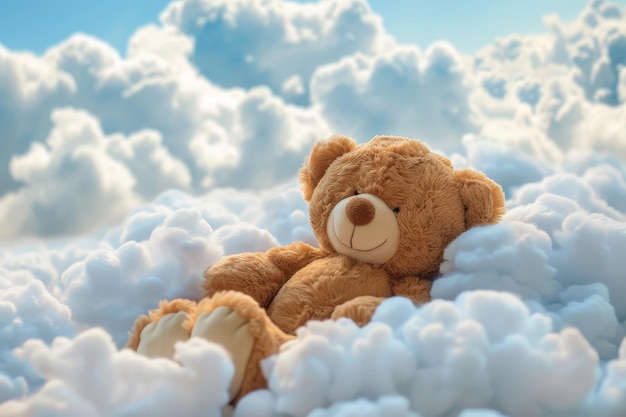 Cute baby teddy bear sleeping on the cloud relax and dream