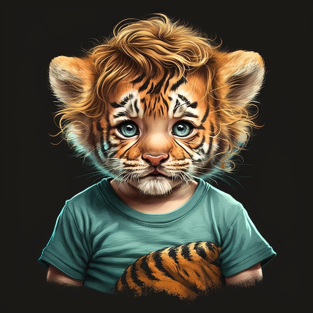 Cute baby tiger face on human kid body on black background generative AI