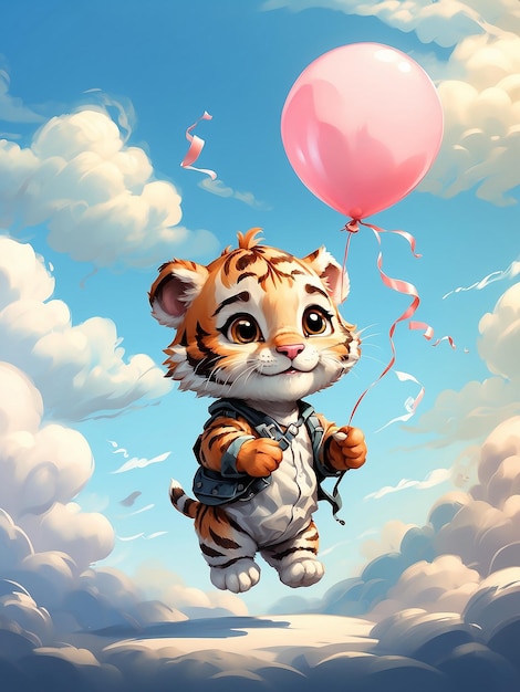 Photo cute baby tiger flying with clouds