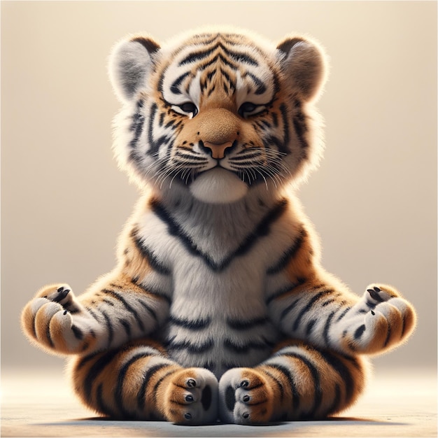 a cute baby tiger meditating in a yoga pose front view