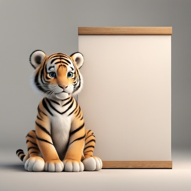 Photo cute baby tiger sitting in front of a blank board generated by ai