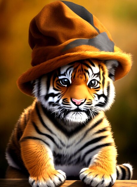 cute baby tiger sitting wearing hat