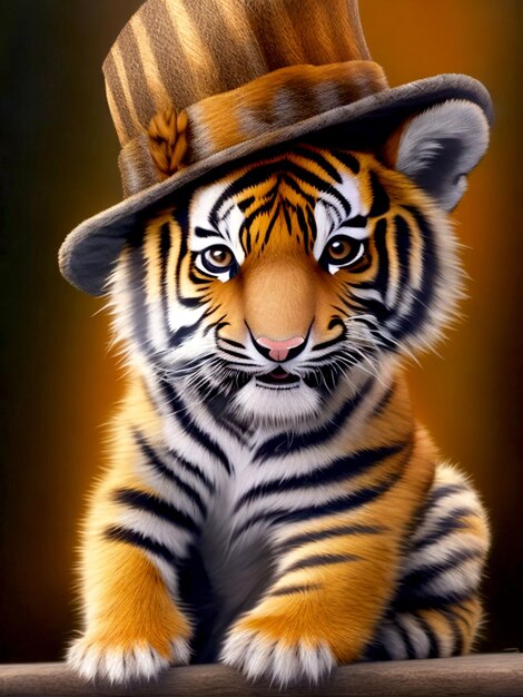 cute baby tiger sitting wearing hat