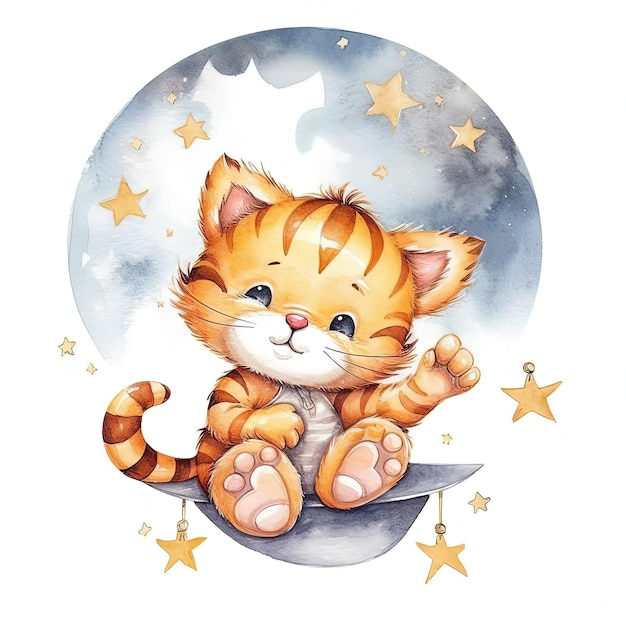 Cute baby tiger watercolor Good night Illustration AI GenerativexA