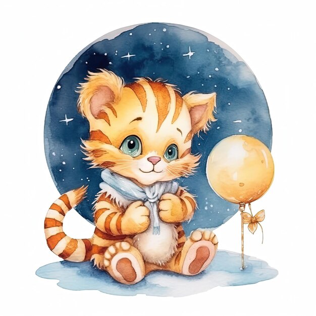 Cute baby tiger watercolor Good night Illustration AI GenerativexA