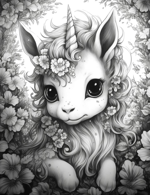 Cute baby unicorn dark black and white coloring page