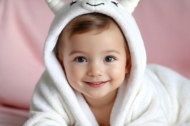 Photo cute baby in unicorn pajamas lying on the bed