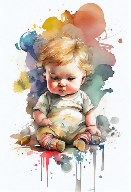 Cute Baby Watercolor Sitting