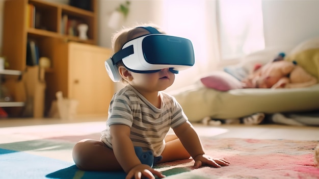 Cute baby wearing VR headsets and enjoying virtual reality entertainment for children