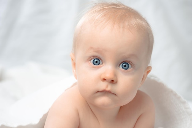 파란 눈 근접 촬영 초상화와 귀여운 아기 카메라를 보고 어린 소년