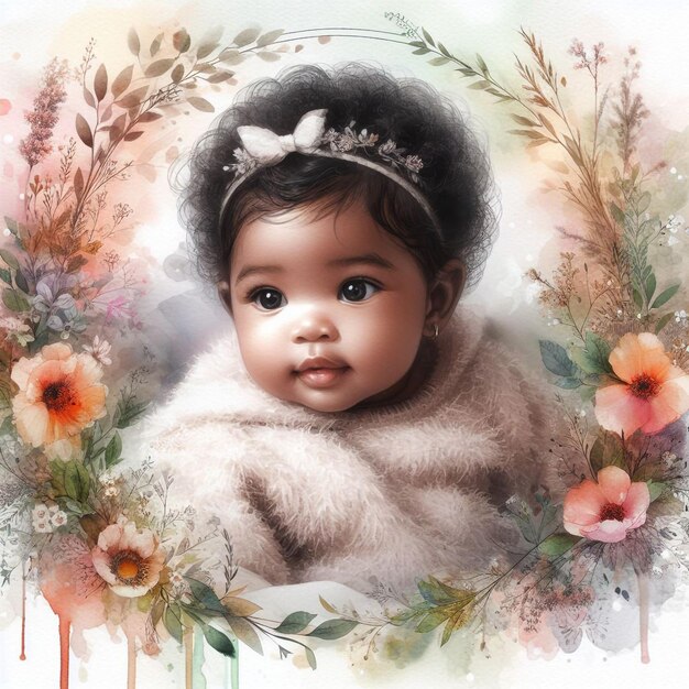 A cute baby with colorful illustrations of flowers