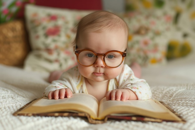 Photo cute baby with glasses lies on a blanket pretending to read a large book