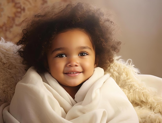 a cute baby with long straight hair smiling down in a fluffy blanket in the style of afrocaribbean