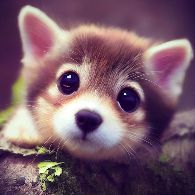 Cute baby wolf cub or puppy with big eyes looking at\
camera