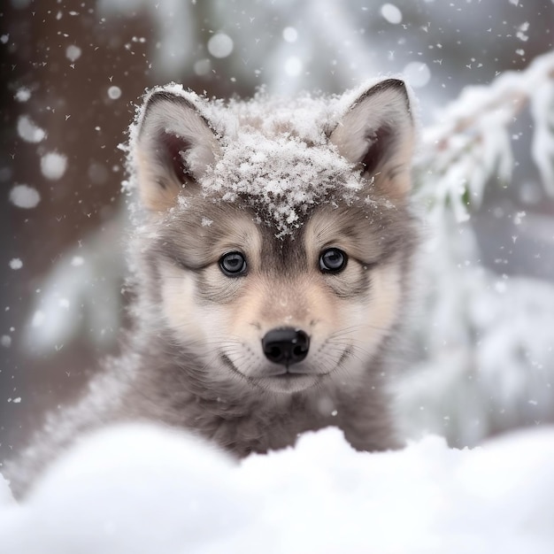 Cute Baby Wolf Puppy Playing in Winter Snow Portrait Generative AI