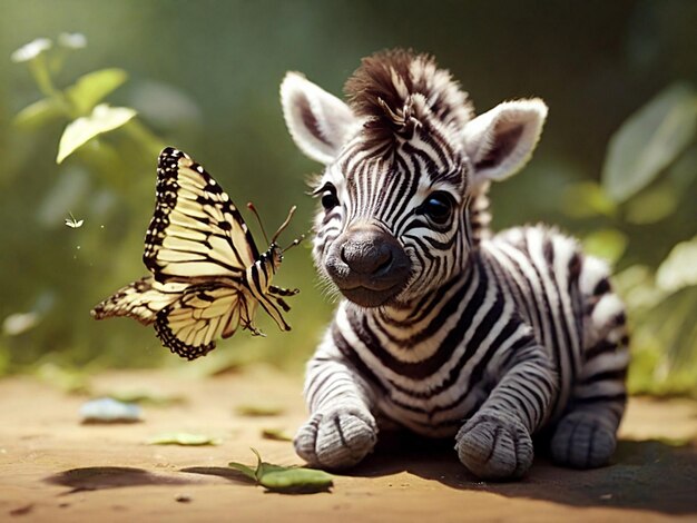 Cute baby zebra plays with butterfly