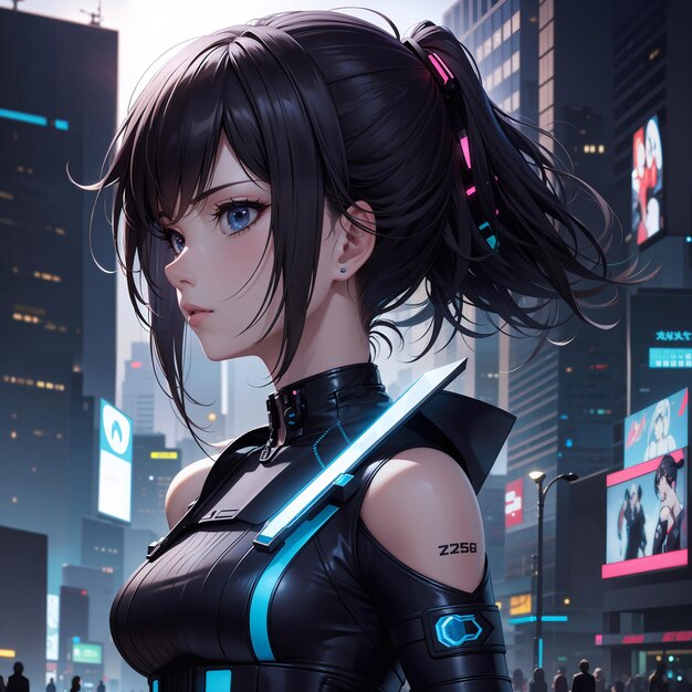 Premium AI Image  An anime style image of a cyberpunk girl wielding a  katana