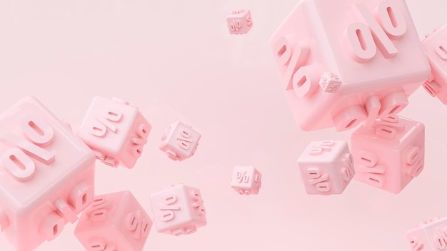 Foto sfondo carino con cubi percentuali volanti rosa pallido lucido per grandi vendite e promozioni speciali