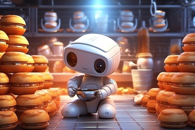 Cute baker robot kneading dough a warm bakery