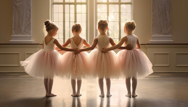 Foto cute ballerina bambine in tutu rosa pratica di danza in camera kid ballet concept adorabili bambini che ballano insieme balletto classico in studio