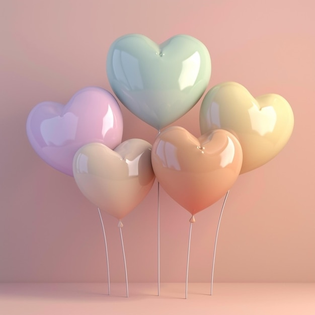 写真 cute balloons shaped like hearts in various colors 3d pastel background