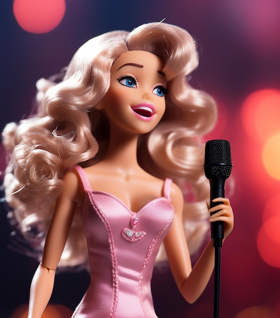 Cute Barbie sings in microphone in concert