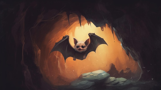 AI가 생성한 동굴에 거꾸로 매달려 있는 귀여운 박쥐