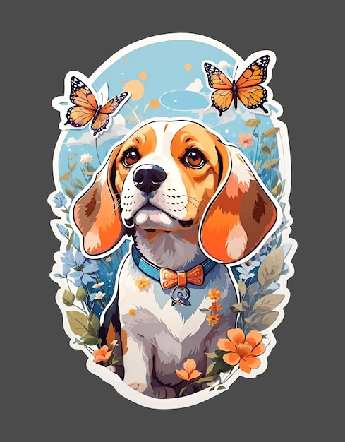 Cute Beagle Dog Butterfly and flowers Sticker Vintage Vector Watercolor t shirt design print