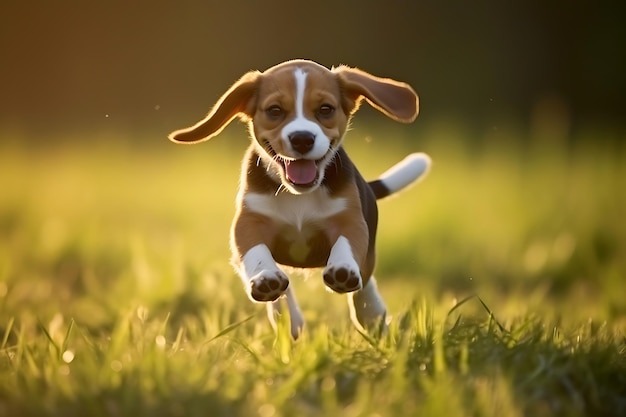 Cute beagle playing outdoor and copy space