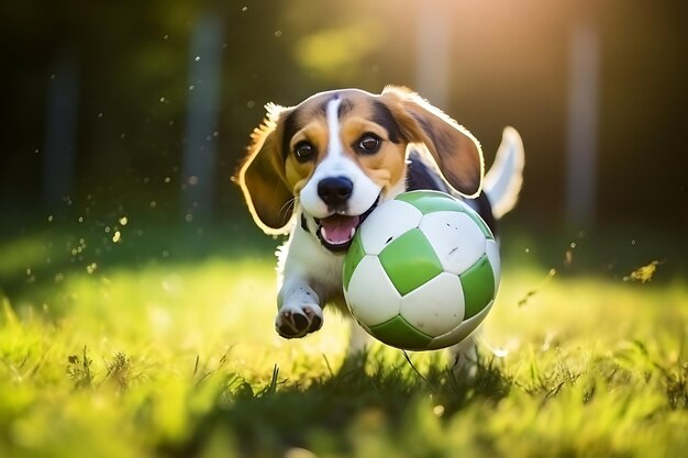 Photo cute beagle playing outdoor and copy space