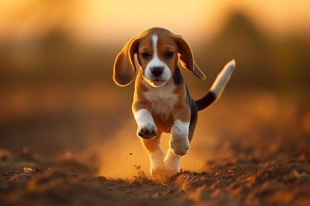 Cute beagle playing outdoor and copy space