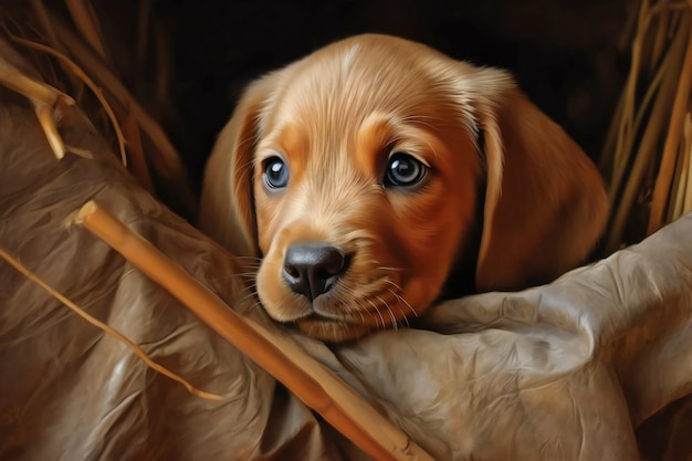 Cute beagle puppy with blue eyes lying in a basket