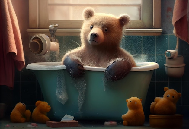 Photo cute bear in bathtub pets cleaning generate ai