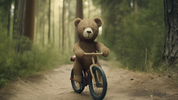 自転車に乗ったかわいいクマ 森の中でかわいい動物に乗って自転車に乗るクマ