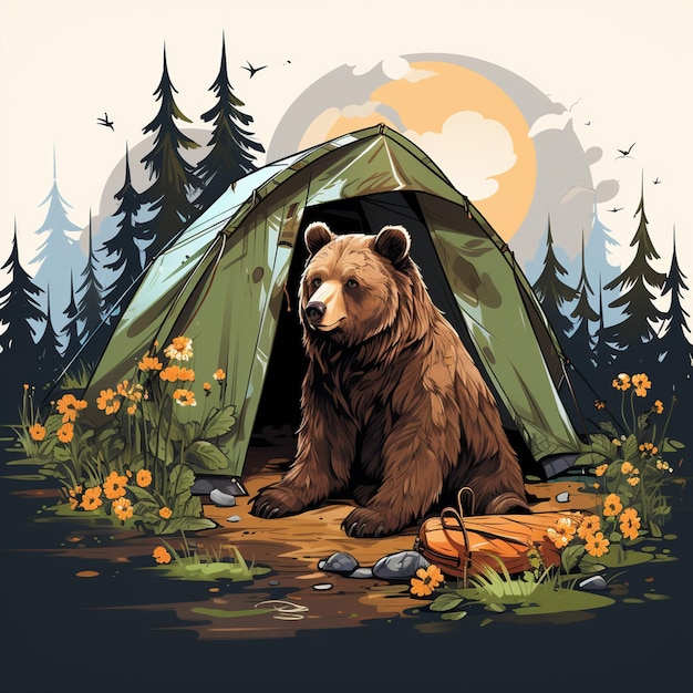 Cute Bear Camping Icon Cartoon Vector Illustration Animal Profession Flat Isolated