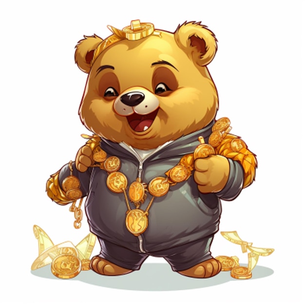 Photo cute bear cartoon illustration wearing a gold necklace