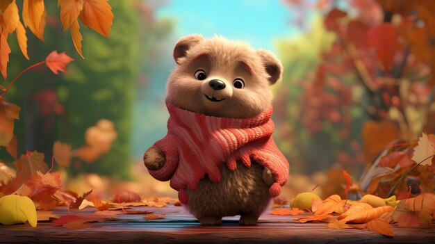 Cute bear cub against the background of the autumn forest