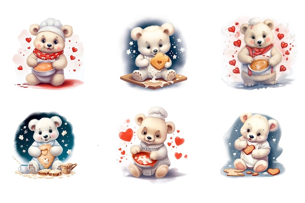 Фото Милые медвежьи детеныши пекут печенье на праздник в форме сердца валентина