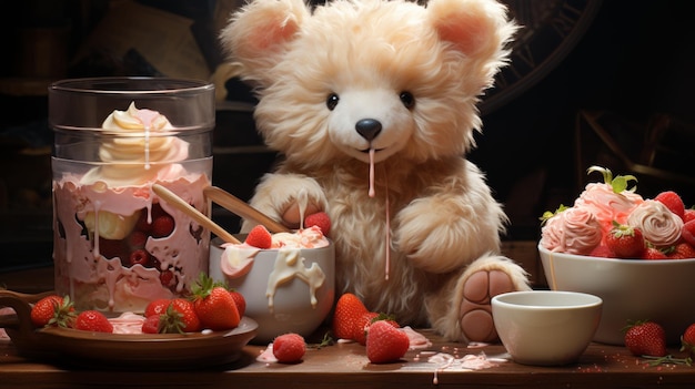 かわいいクマがアイスクリームを食べている