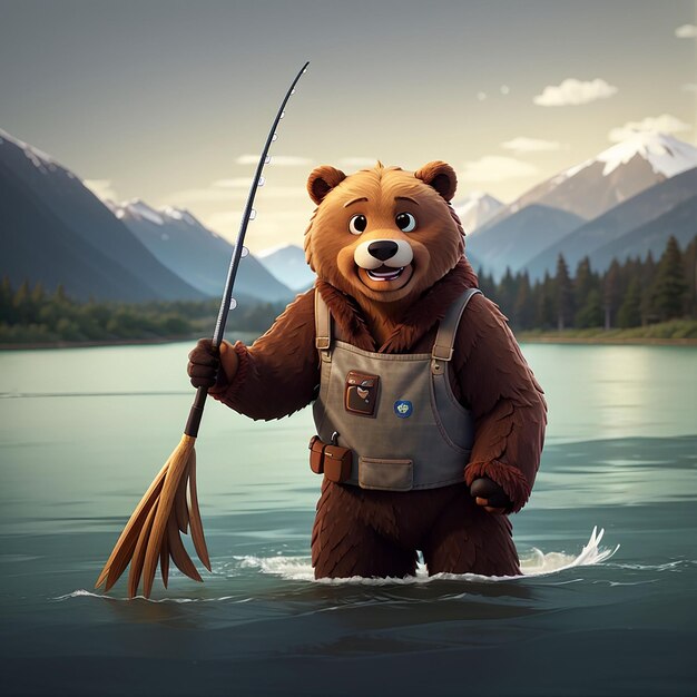 Photo cute bear fishing vector icon illustration animal icon concept isolated premium vector flat cartoon style