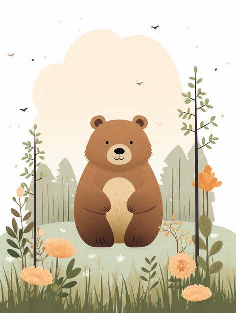 Foto una carina illustrazione di un orso sullo sfondo della foresta